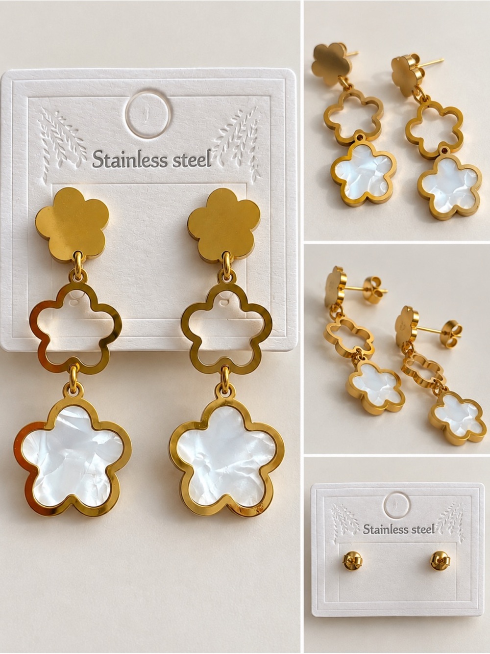 GOLD & WHITE FLORAL DROP EARRINGS